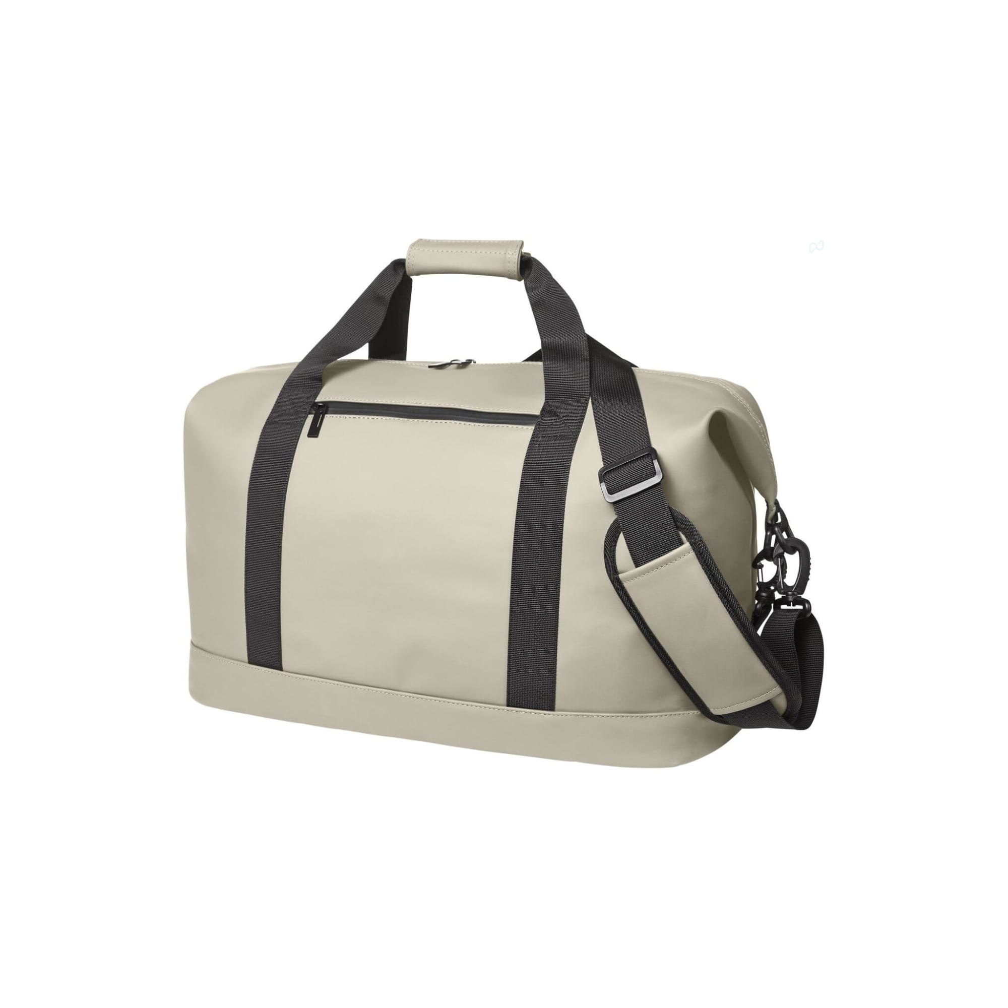 A light grey duffle bag with black straps and a detachable shoulder strap, featuring a front zip pocket and a logo. Pure Sport/Travel Bag - Image 1