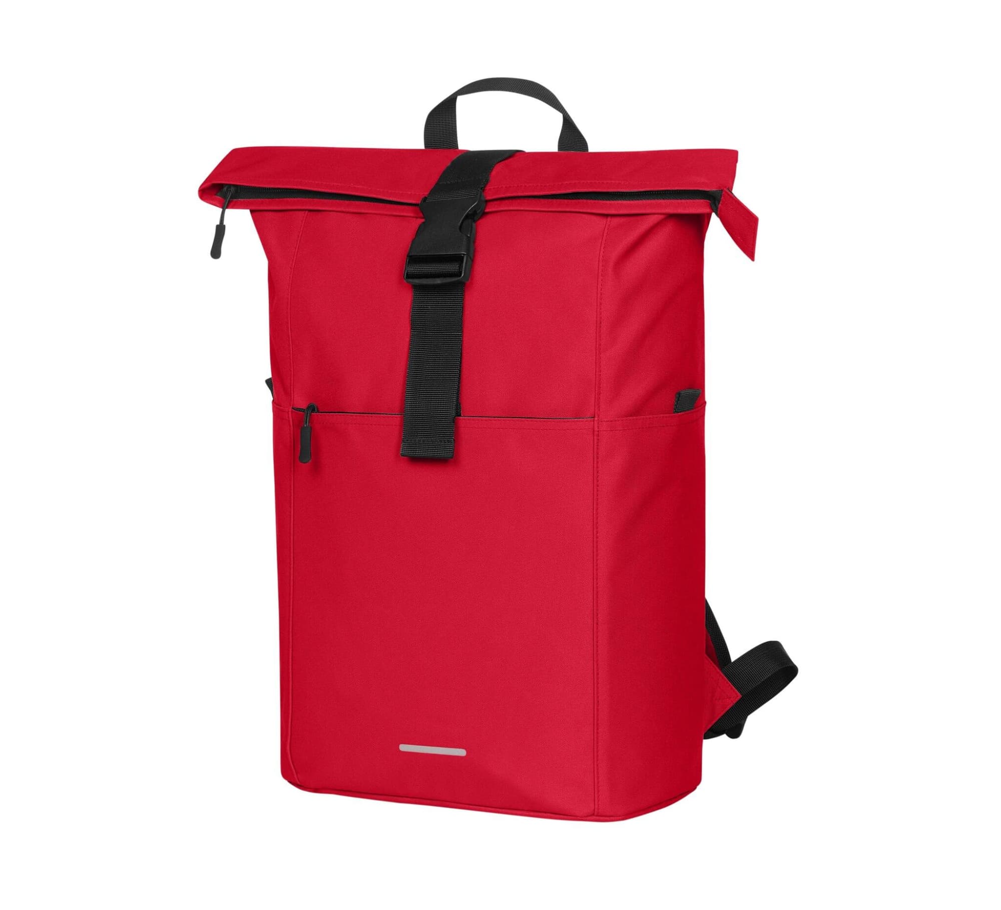 A red backpack with adjustable straps, a top flap secured by a buckle, and a front zip pocket. Basic Backpack - Image 1