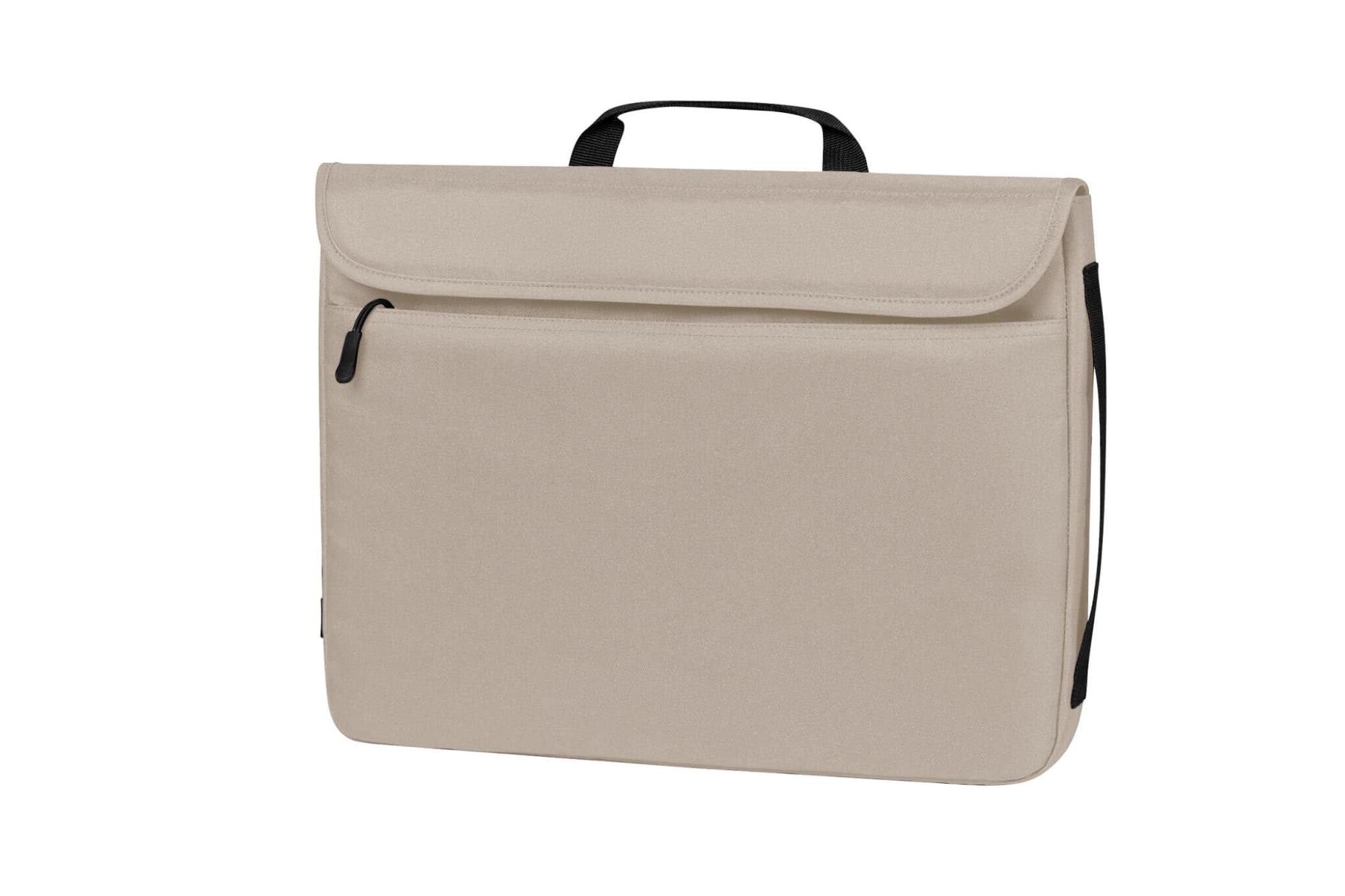 A beige laptop sleeve with a front pocket and a black handle. It has a simple design and a logo. Shift Laptop Sleeve - Image 1