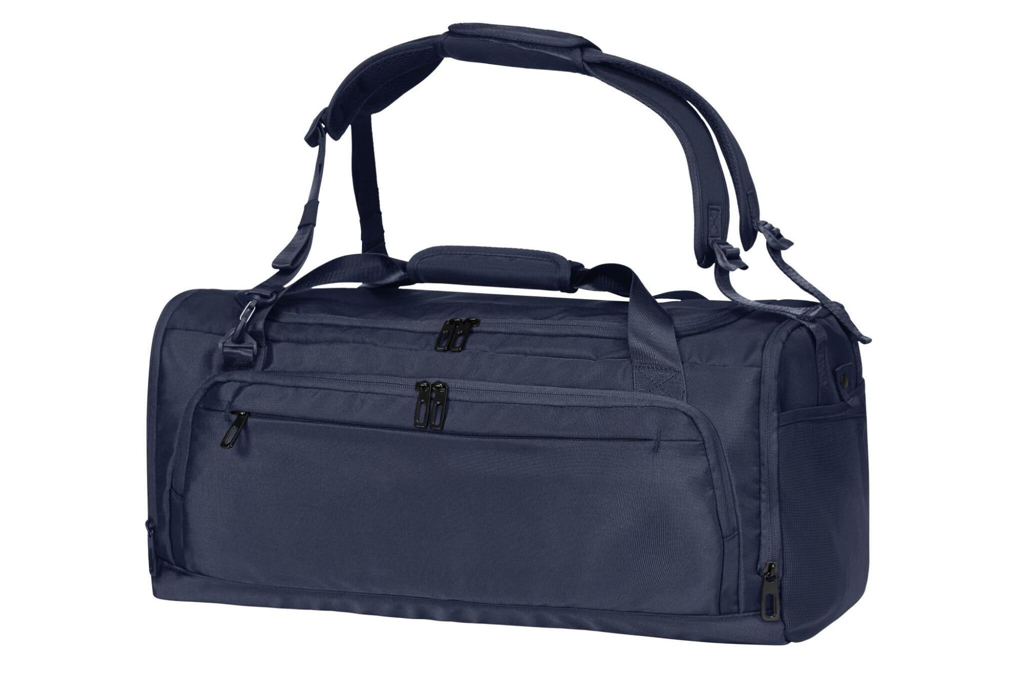 A navy duffle bag with multiple zippered compartments and adjustable shoulder straps, featuring a logo. Solid Sport/Travel Bag - Image 1
