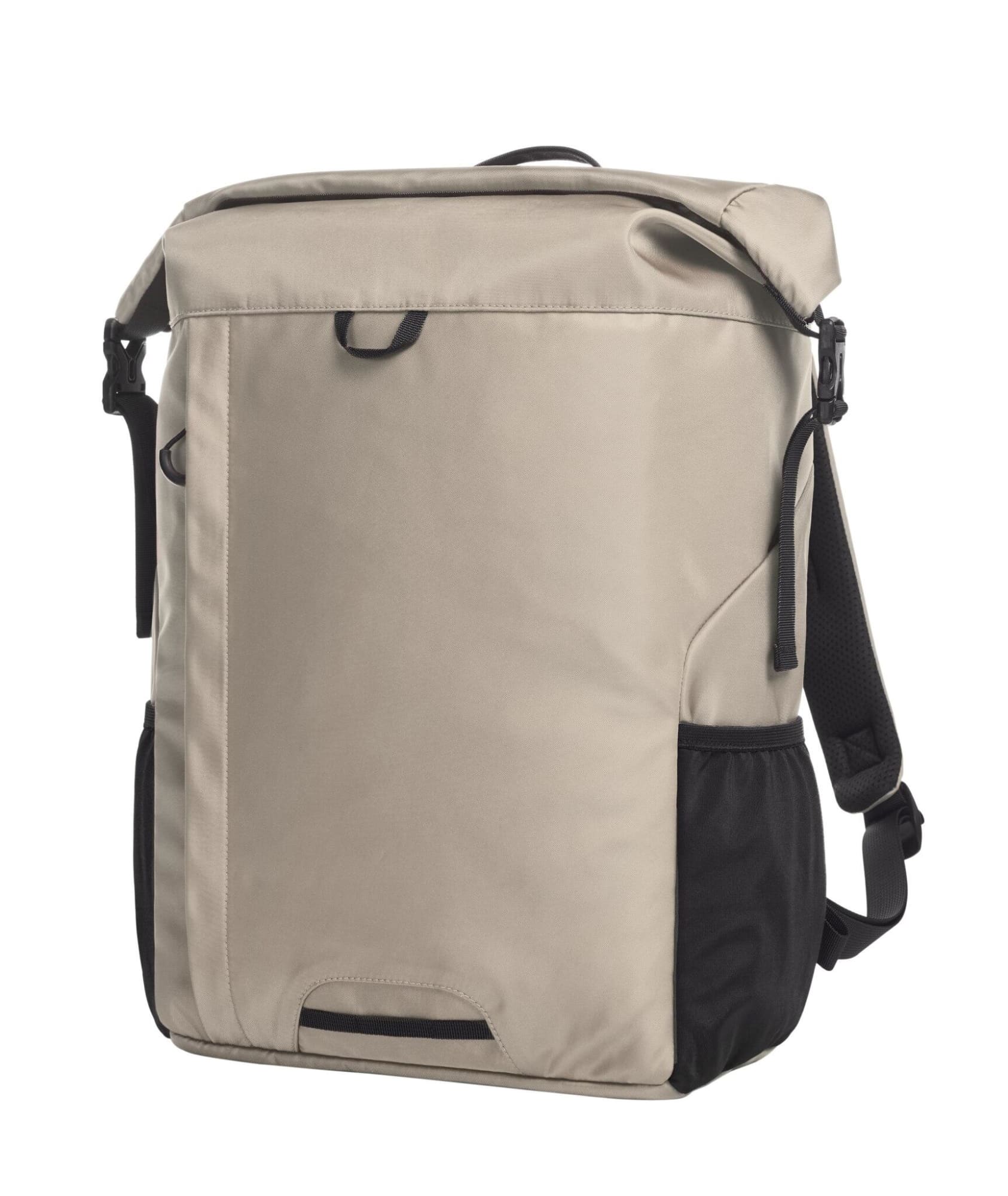 A beige and black Mellow Backpack with a roll-top design and adjustable straps, featuring a logo. Mellow Backpack - Image 1