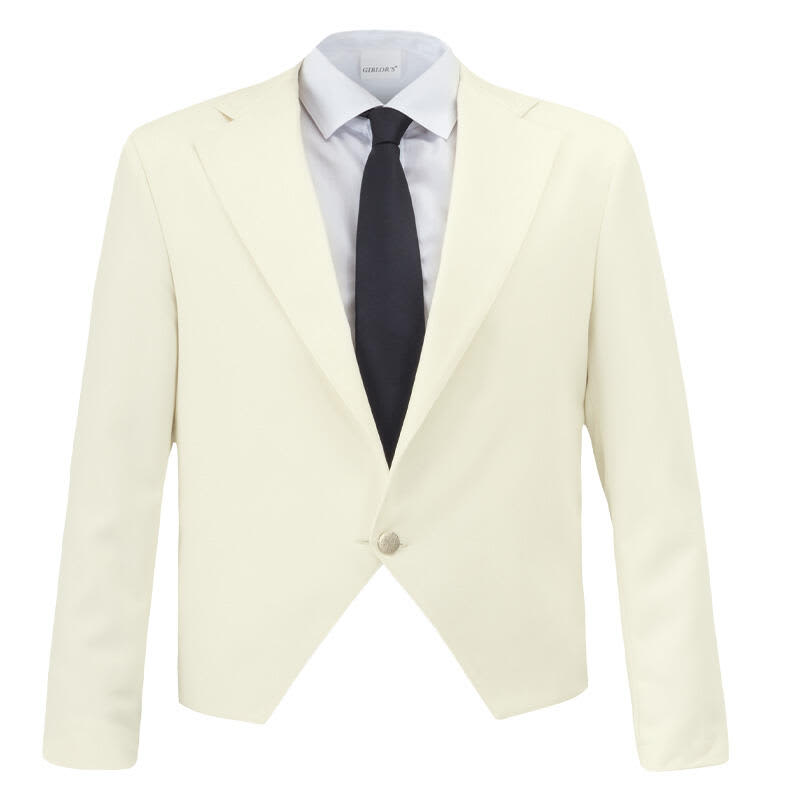 A white waist jacket with a collar, paired with a light grey shirt and a black tie. The jacket features a single button. Fabio Waist Jacket - Image 1