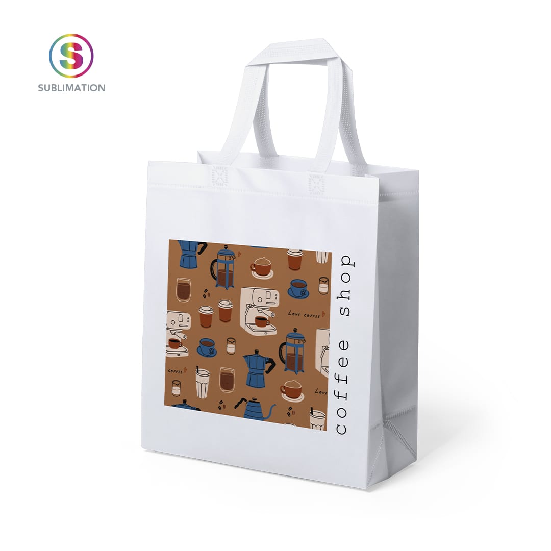 A white promotional bag featuring a coffee shop design with various coffee-related illustrations and a logo. Godon Sublimation Bag - Image 1