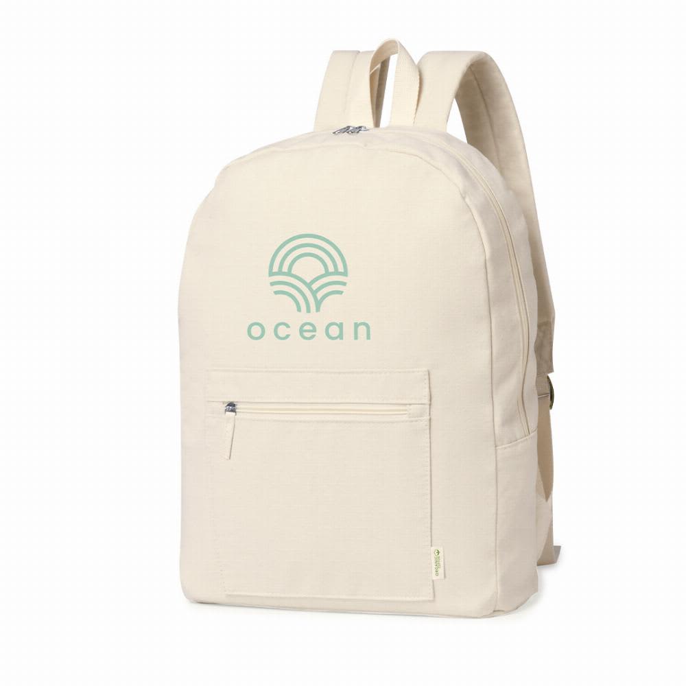 A cream-coloured backpack with a front zip pocket and a logo featuring waves and the word "ocean." Saunders - Image 1
