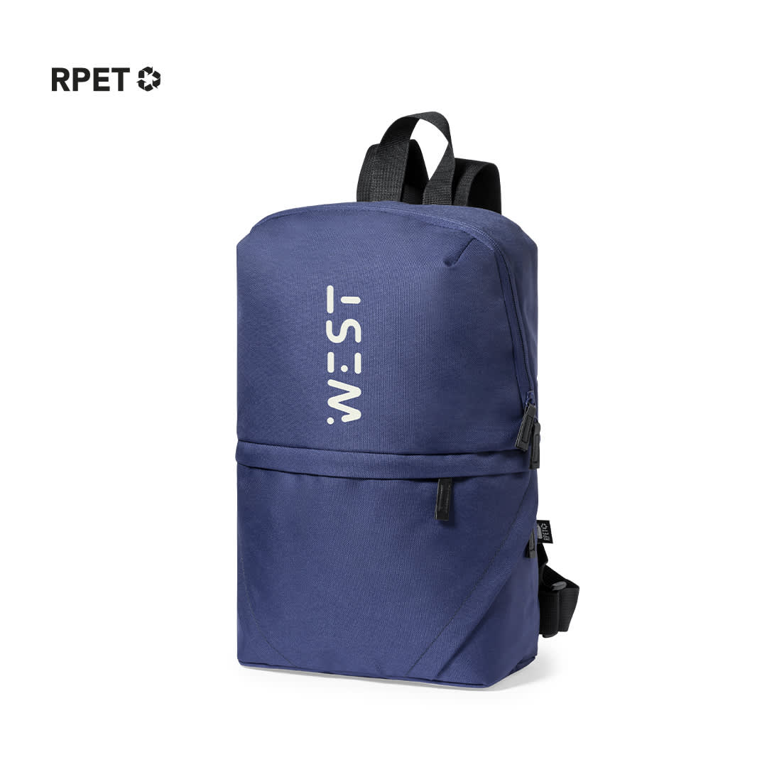 A navy blue backpack with a logo, featuring adjustable straps and a front zip pocket. Bronul Backpack - Image 1