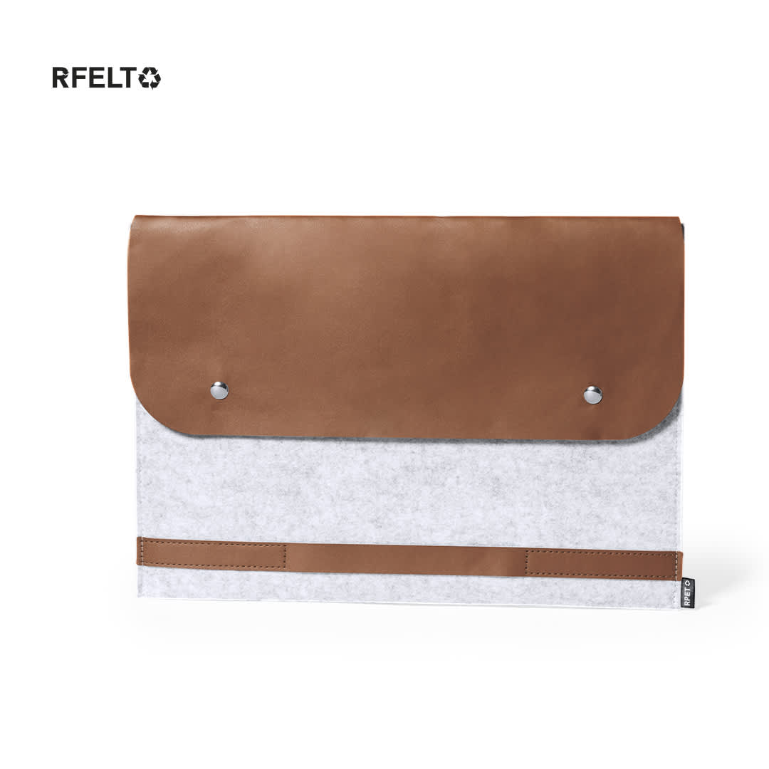 A grey laptop pouch with a brown leather flap and metal snaps, featuring a logo. Brack Laptop Pouch - Image 1