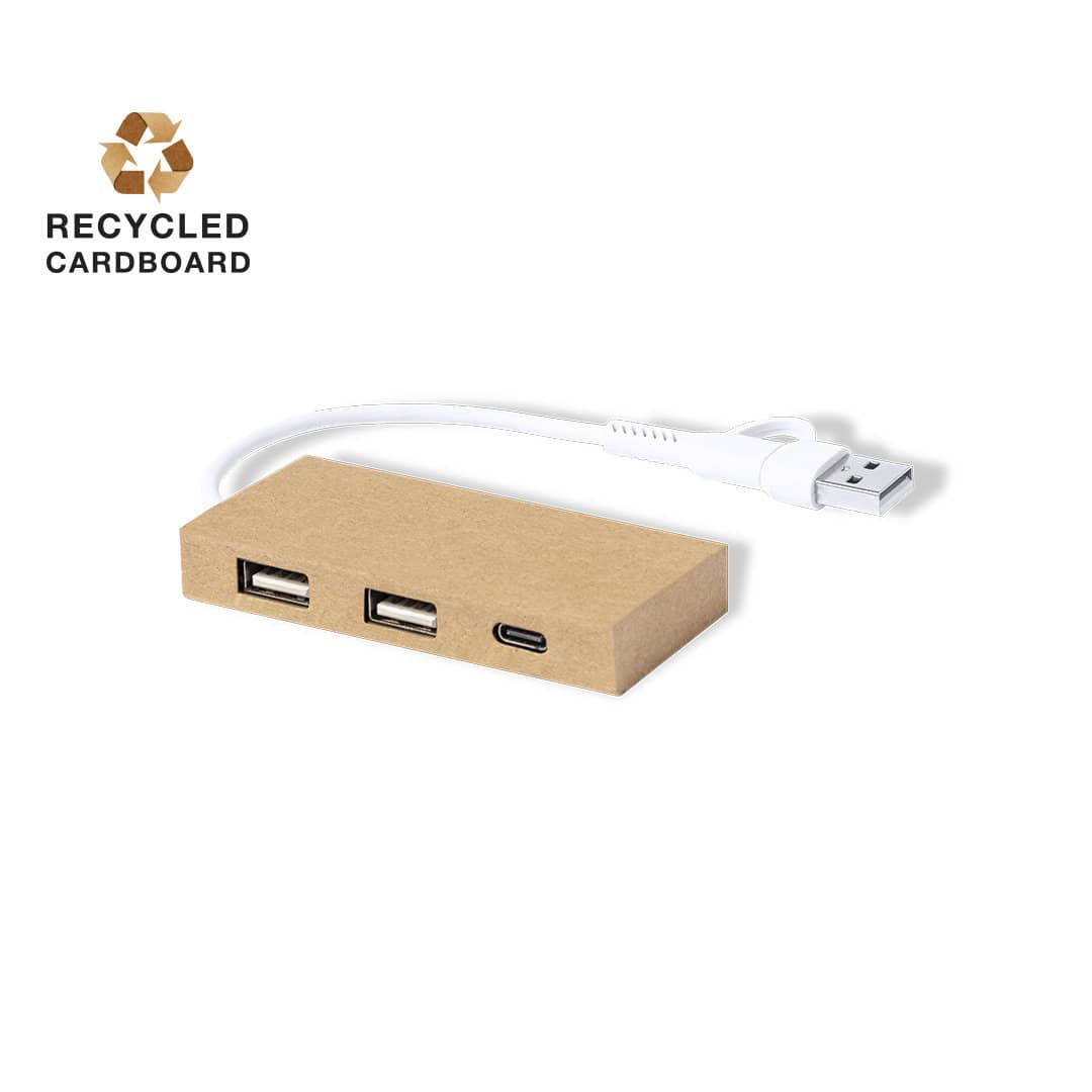 A USB hub with two standard USB ports and one USB-C port, made from recycled cardboard. It features a white cable. Hasgar - Image 1