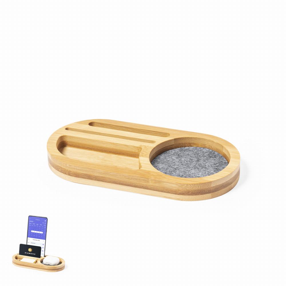 A bamboo tray with compartments including a felt-lined section for holding items like a phone and cards. Brajil - Image 1