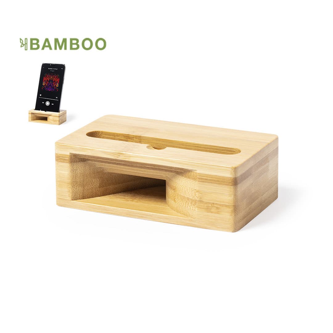A bamboo speaker dock with a slot for a device, featuring a smooth natural finish and a simplistic design. Suijin - Image 1