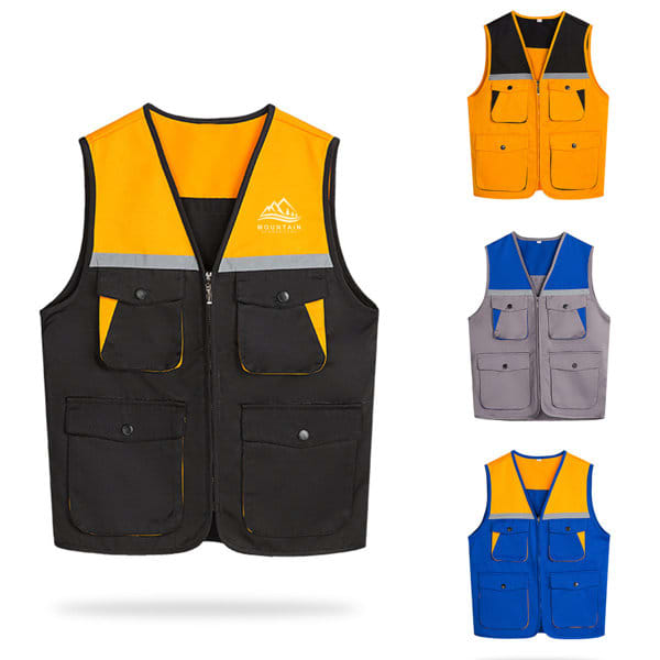 Custom workwear reflective vests in orange and black, blue and black, and grey and black, featuring multiple pockets and a logo. Custom Workwear Reflective Vest - Image 1