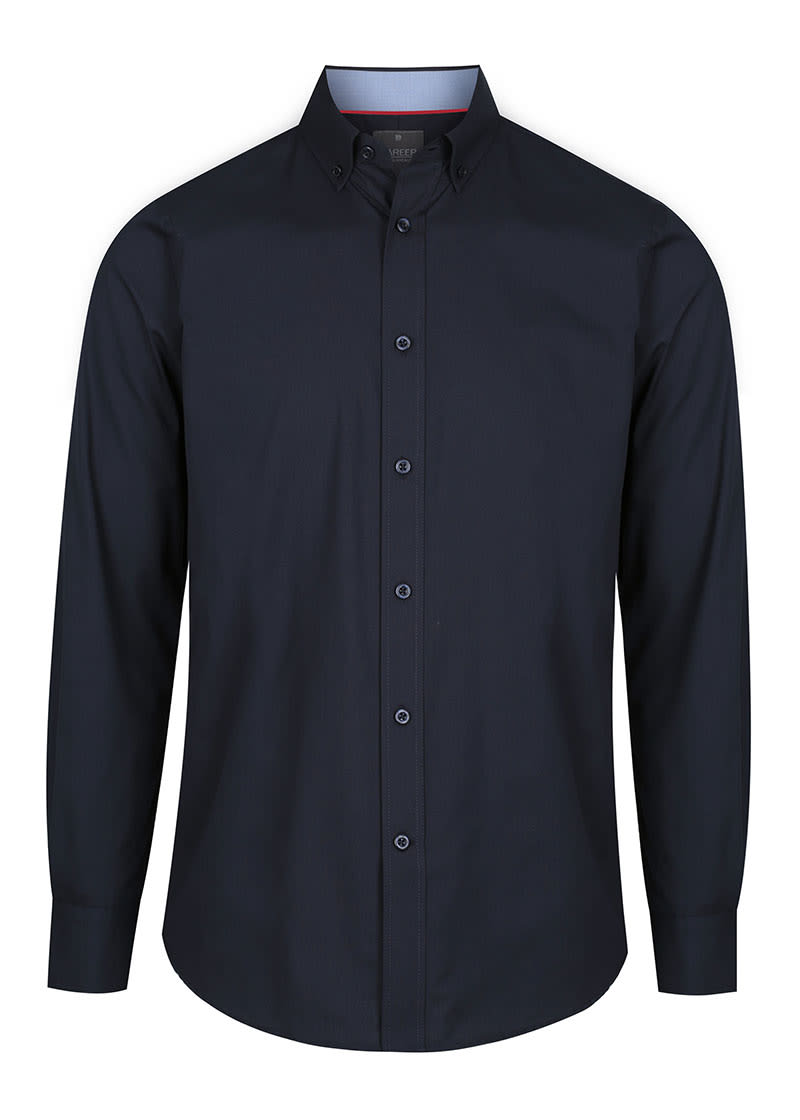 A dark navy button-up shirt with long sleeves and a collar, featuring a subtle texture and a logo. Bradford Oxford - Image 1