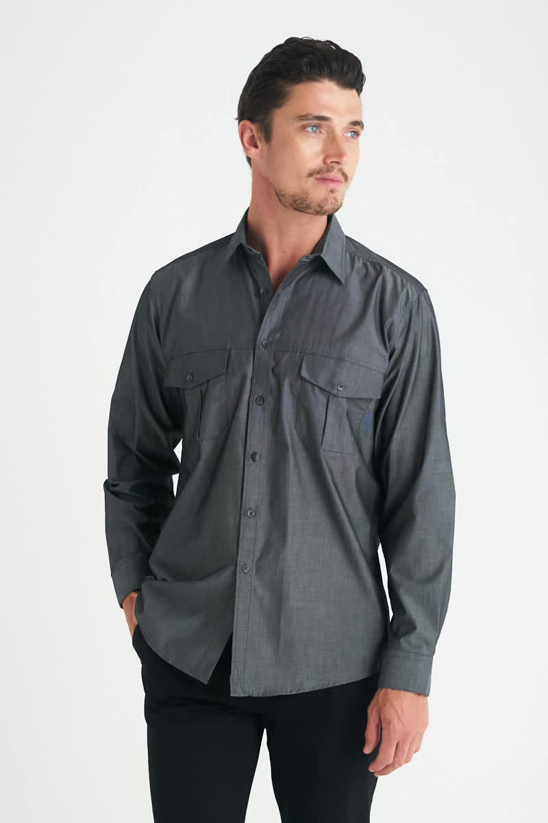 A men's long sleeve button-up shirt in grey, featuring two chest pockets and a simple design. Jasper - Mens Long Sleeve Shirt - Image 1