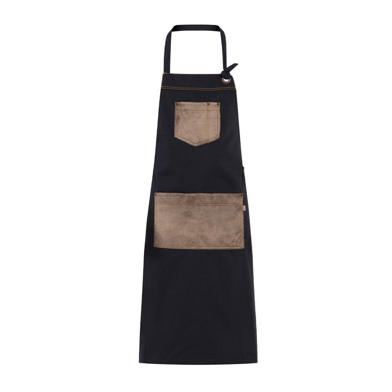 A navy apron featuring a brown pocket and a smaller chest pocket, with an adjustable neck strap. Manchester Apron - Image 1