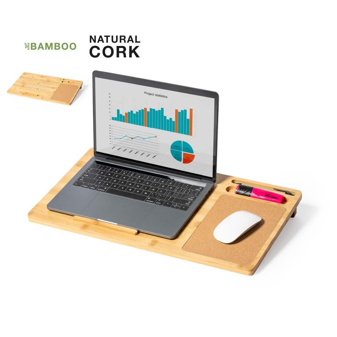 A bamboo laptop desk with a natural cork surface, featuring a laptop, mouse, and stationery items. Krit - Image 1