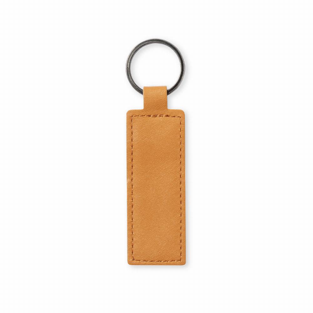 A tan leather keyring with a simple rectangular design and a metal ring for attachment. Noemix - Image 1