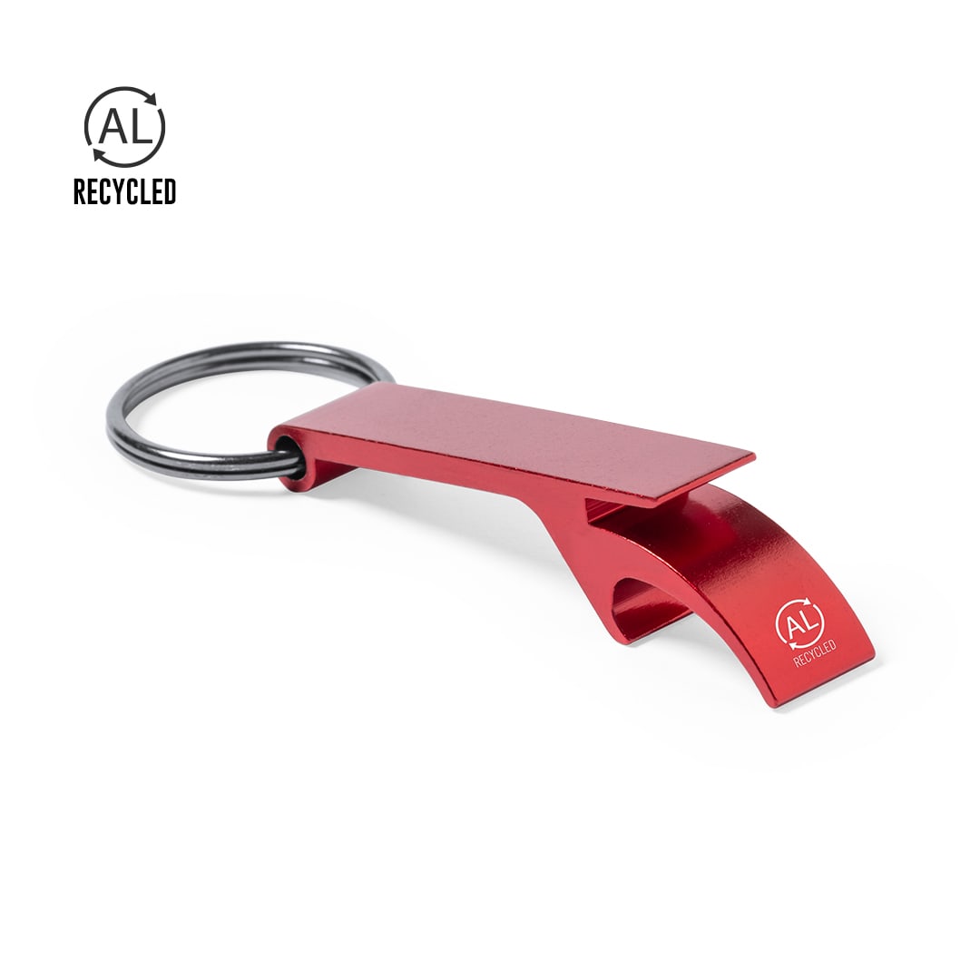 A red aluminium bottle opener keyring with a keyring attachment and a logo. Mixe Opener Keyring - Image 1