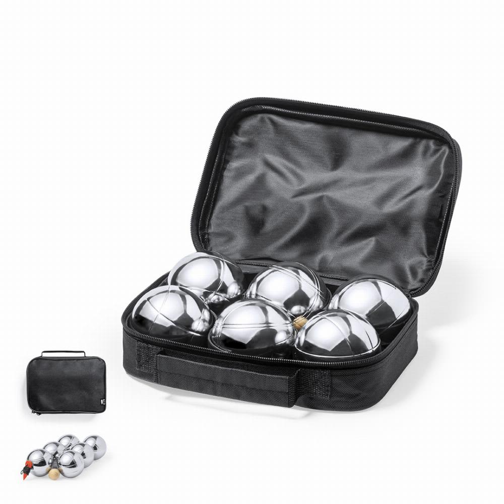 A black carrying case containing six shiny metallic balls, with a zipper and handle for easy transport. Boliche - Image 1