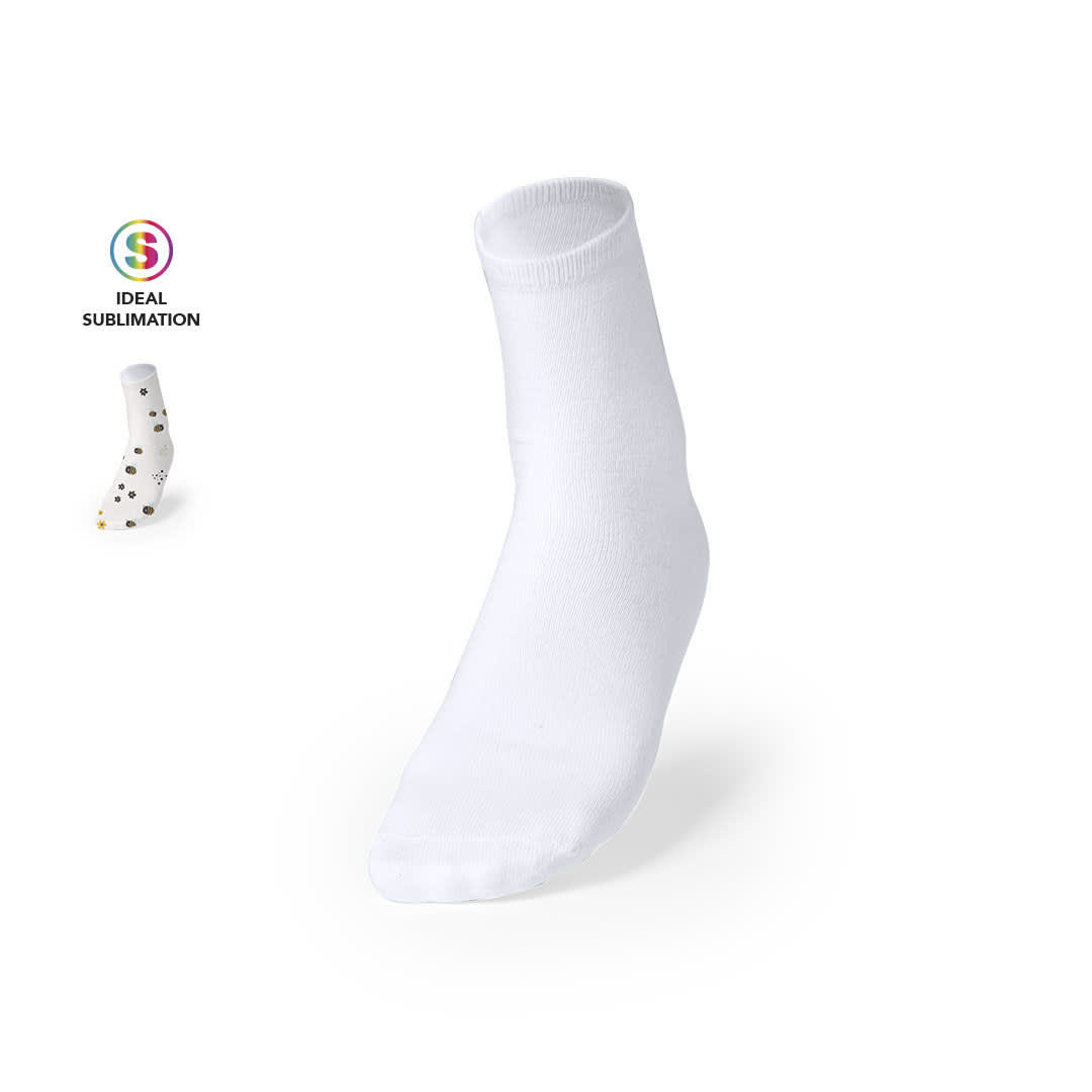 A white sock with a short crew design, featuring a multicoloured patterned sock beside it. The image includes a logo. Piodox - Image 1