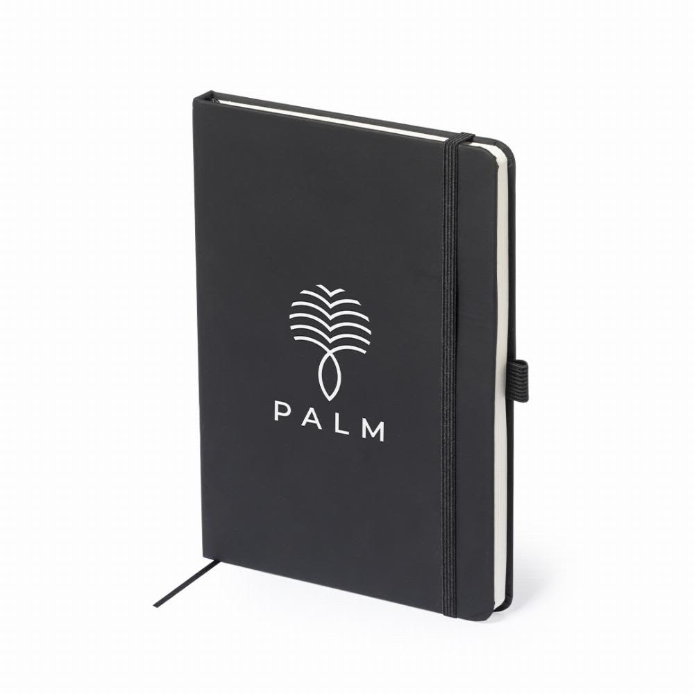 A black notebook with a white logo featuring a palm tree design and an elastic band closure. Xeria - Image 1