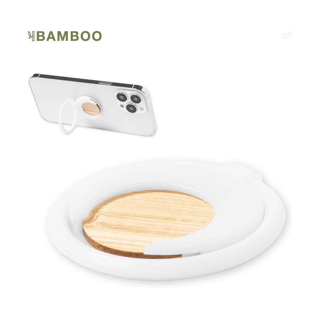 A white phone stand featuring a bamboo insert, designed to securely hold a smartphone with a ring grip. Pashel Holder - Image 1
