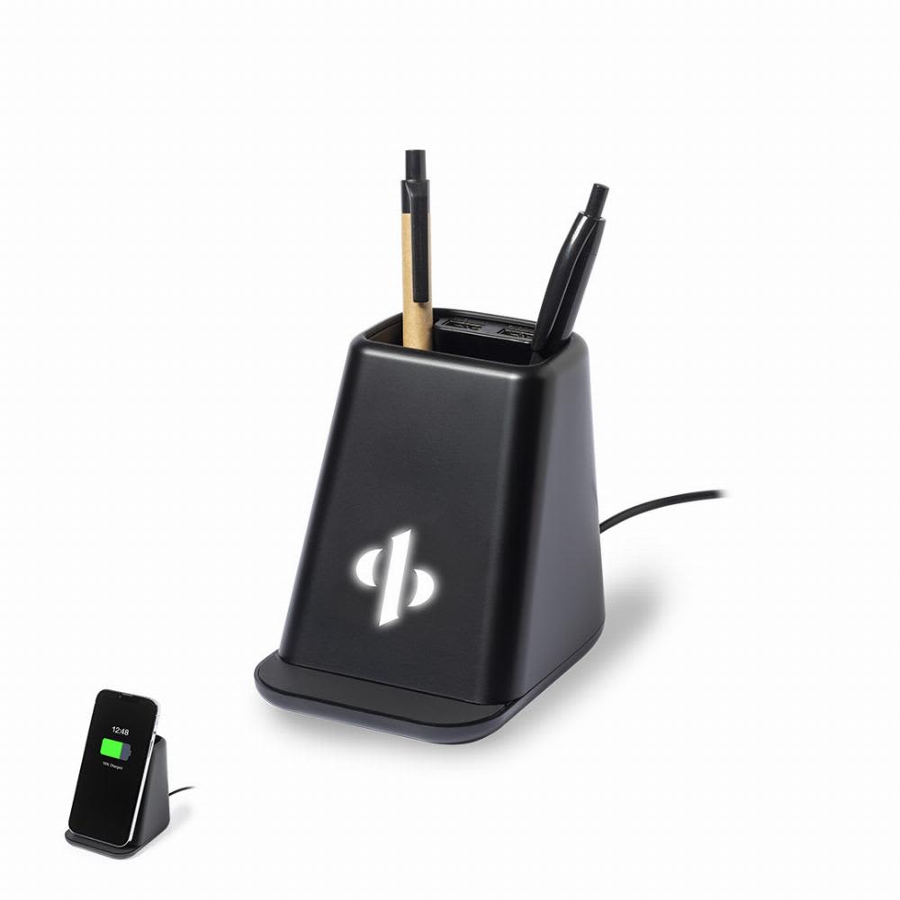 A pen holder in black with a charging pad, featuring a logo and holding pens. The design is sleek and modern. Eddar - Image 1