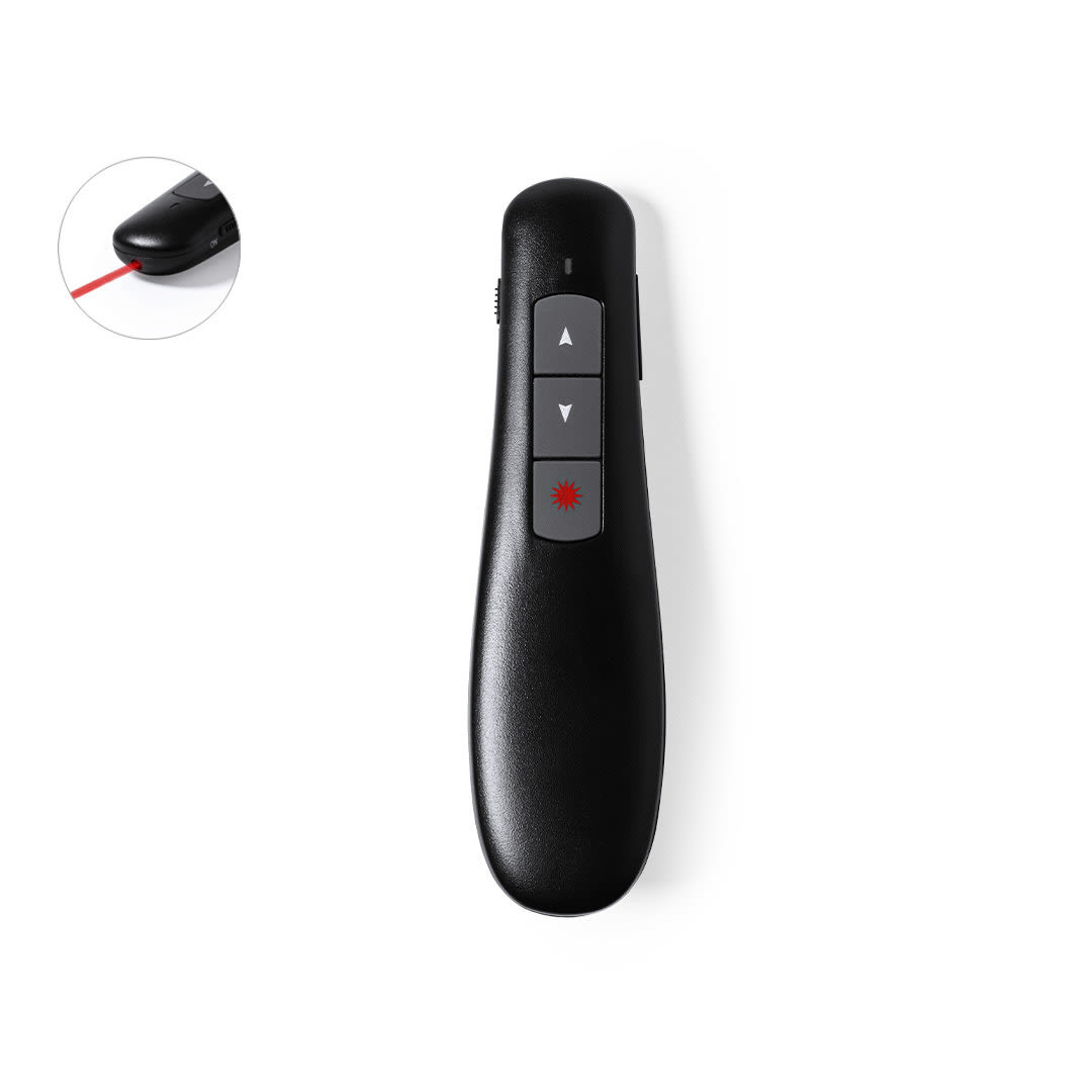 A black laser pointer remote featuring buttons for navigation and a red laser output. It has a logo on the surface. Decolf Presenter Laser Pointer - Image 1