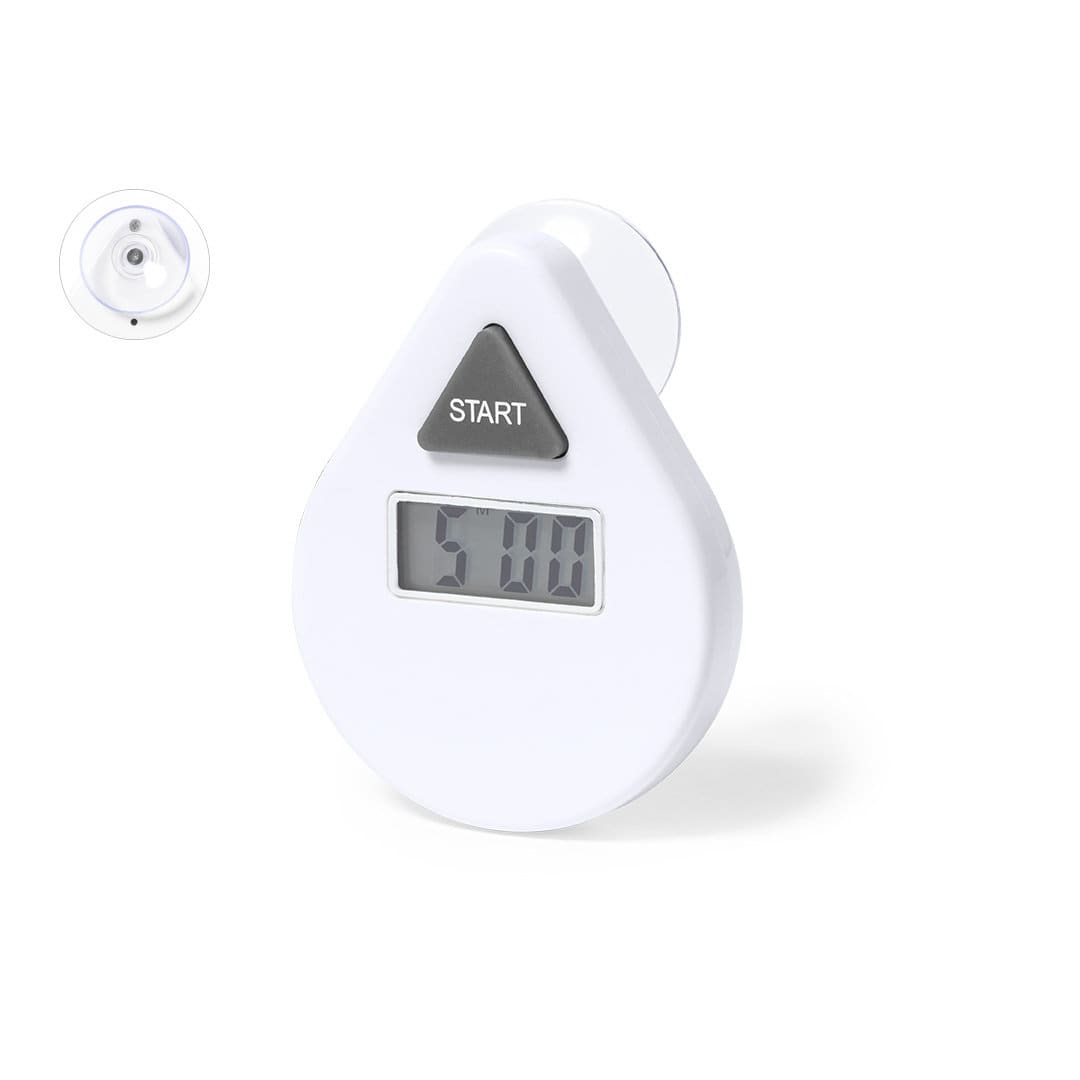 A white timer with a digital display and a start button, designed in a teardrop shape. Vorad Timer - Image 1