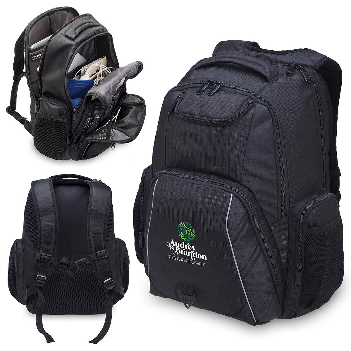 A black laptop backpack featuring multiple compartments and pockets, including side mesh pockets and a logo. Fortress Laptop Backpack - Image 1