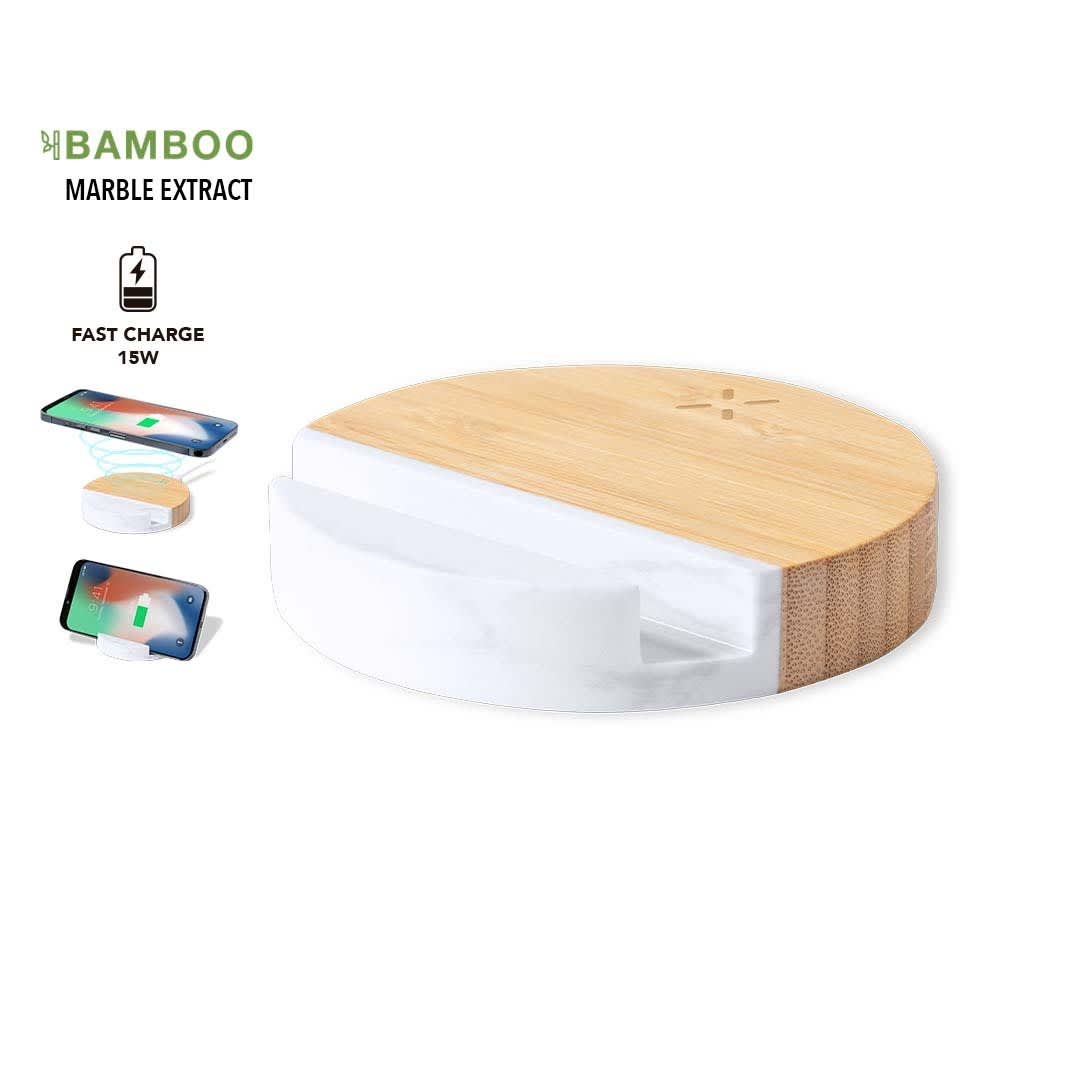 A round wireless charger holder with a bamboo finish and a white marble section, featuring a logo. Pargon Charger Holder - Image 1