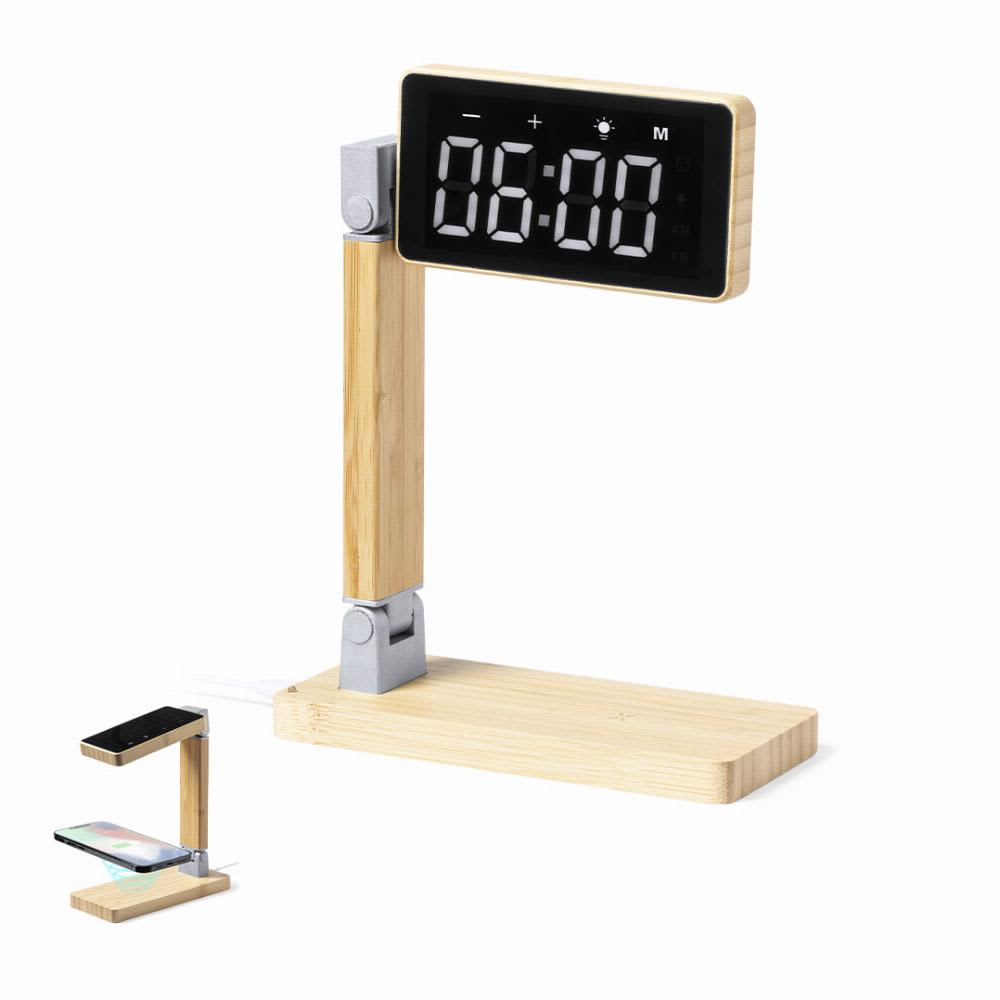 A digital alarm clock with a wooden design, featuring a display and a charging pad for devices. Edres - Image 1