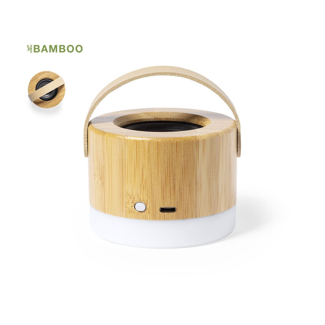 A bamboo Bluetooth speaker with a light base, featuring a handle for portability and a logo on the side. Durbal Speaker - Image 1
