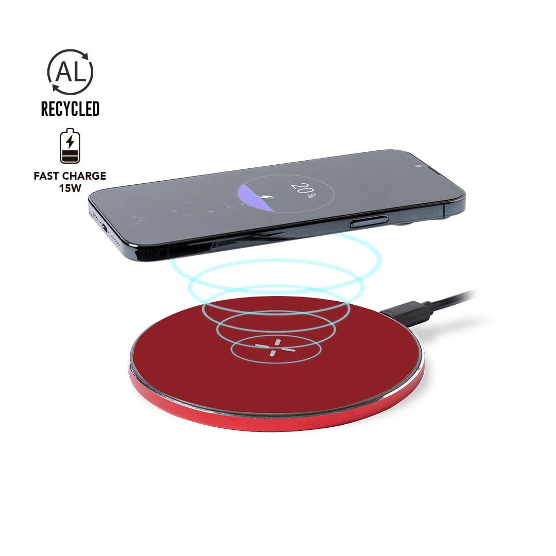 A red wireless charger with a smartphone placed above it, featuring a logo and fast charging capability. Golop Charger - Image 1