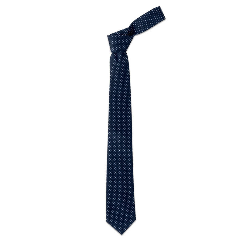 A navy blue cravat tie featuring a polka dot pattern, tied in a simple knot. It has a branding logo. Cravat Tie - Image 1