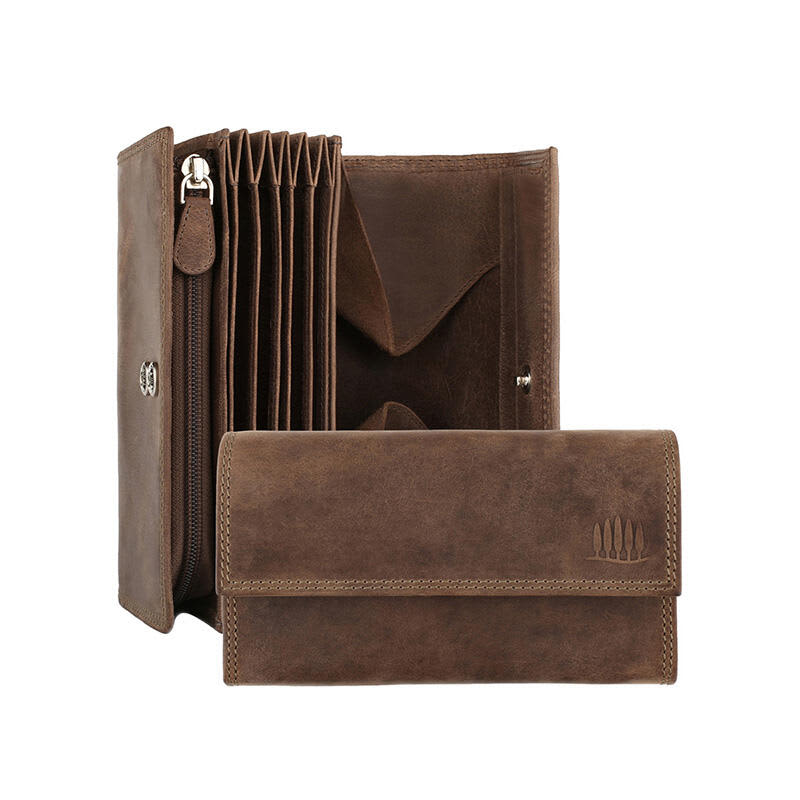 A leather wallet in brown with multiple compartments and a zippered section, featuring a logo. Wallet (Leather) - Image 1
