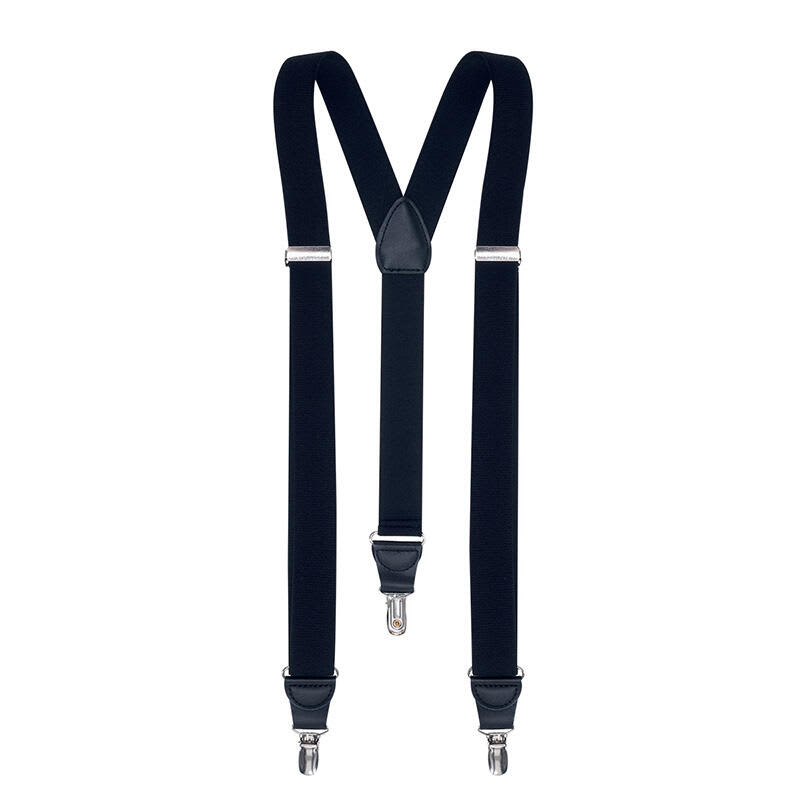 A pair of navy blue braces with silver clips and a leather-like centre connector. Braces - Image 1