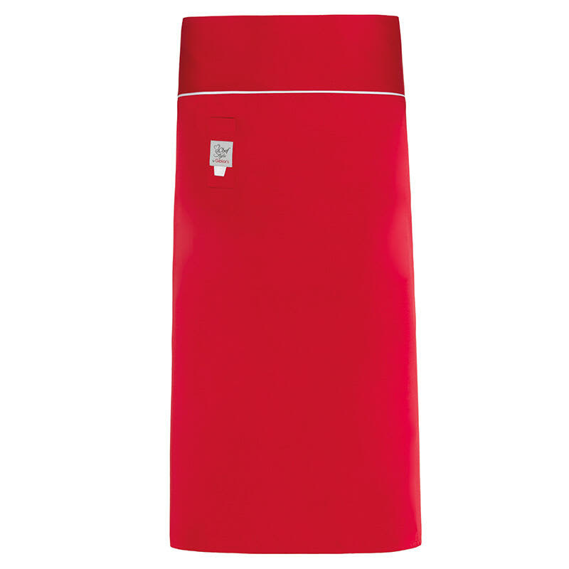 A red apron featuring a branded logo at the top. The design is sleek and modern with a contrasting waistband. Alessandro Apron - Image 1