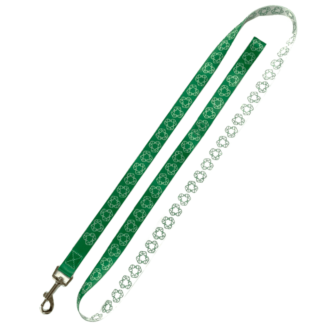 A green rPET dog leash featuring a patterned design with a silver clasp and a branding logo. rPET Dog Leash - Image 1