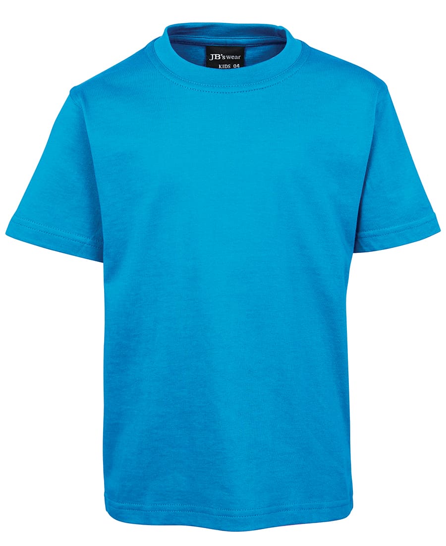 A bright blue children's t-shirt with a round neck and short sleeves, featuring a logo on the inside label. JB's Kids Tee - Image 1