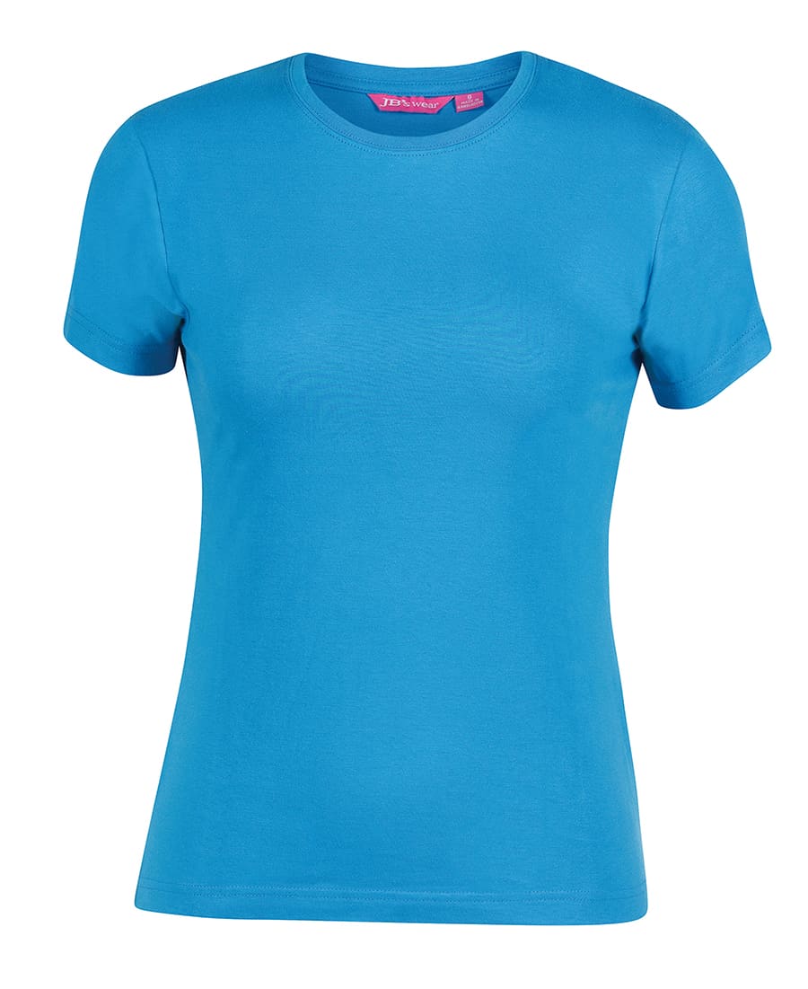 A blue women's t-shirt featuring a classic design and a branding logo on the label. JB's Ladies Tee - Image 1