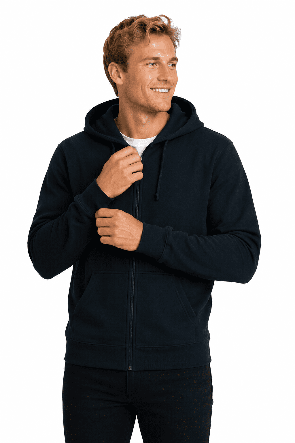 A navy zip hoodie for men, featuring a frontal zipper and a hood, modelled by a smiling male model. QUEENSCLIFF ZIP MENS HOODIES - Image 1
