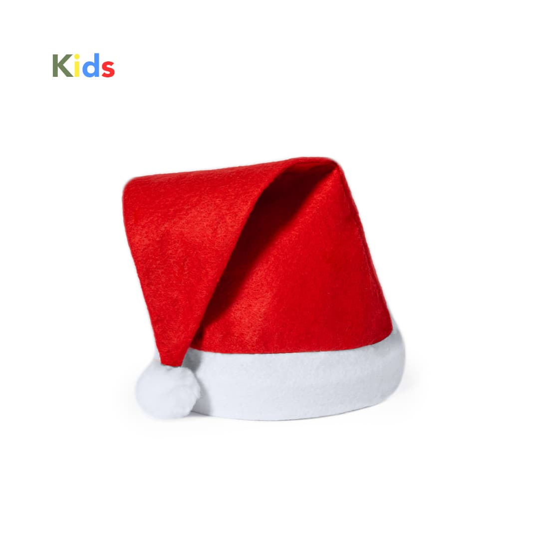A red Santa hat featuring a white fur band and pom-pom. Suitable for kids. Includes branding. Flip - Image 1