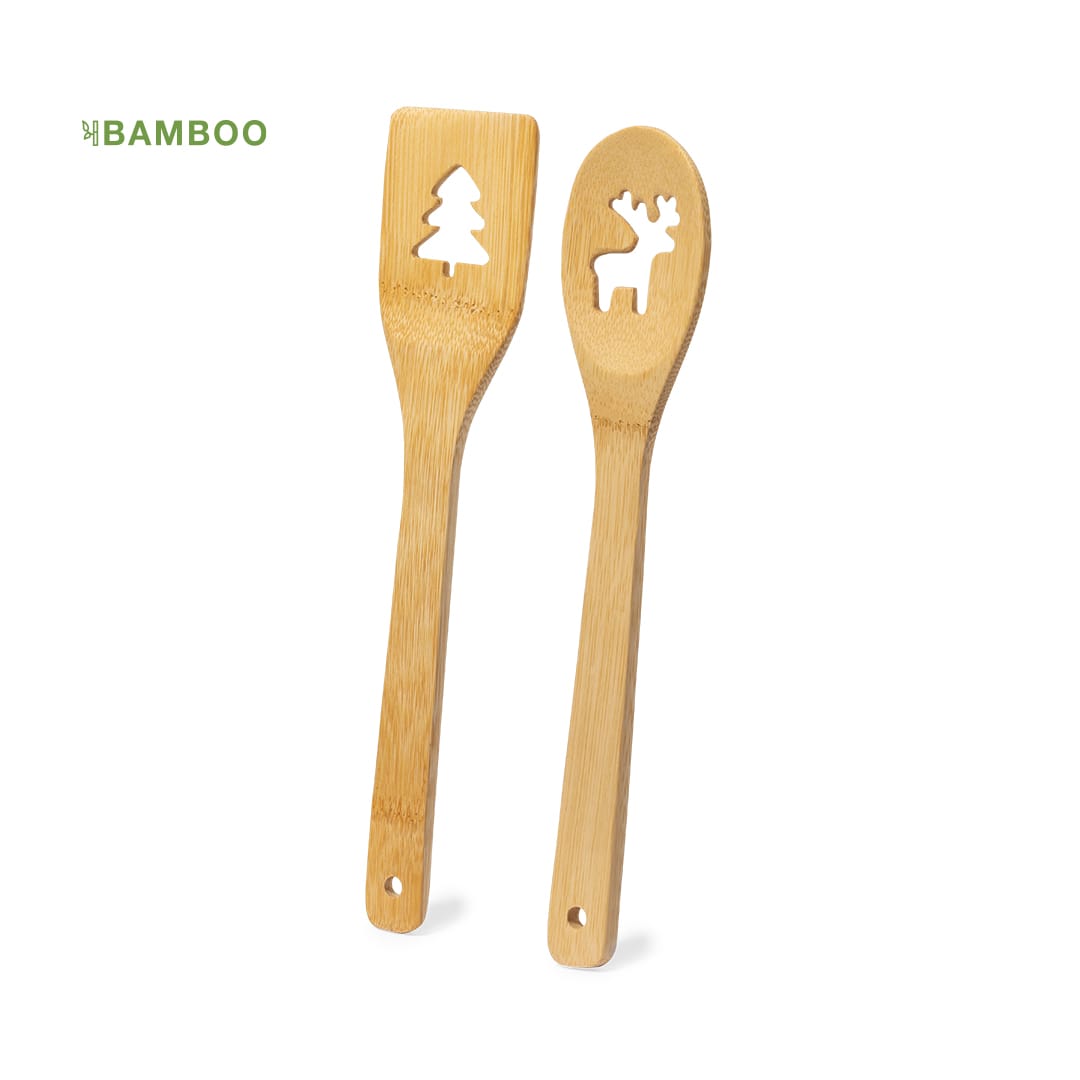 A bamboo kitchen set featuring a spatula and spoon, both with decorative cutouts of a tree and a reindeer. Hellen Kitchen Set - Image 1