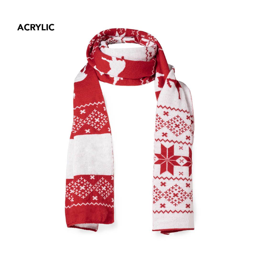 A knitted scarf featuring red and white patterns, including snowflakes and decorative motifs, made from acrylic material. Luka Scarf - Image 1