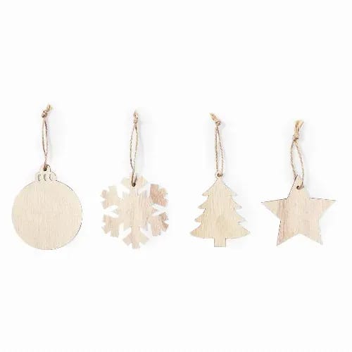 A set of four wooden Christmas ornaments: a bauble, snowflake, tree, and star, all with twine for hanging. Fultom - Image 1