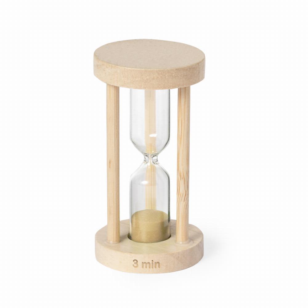 A wooden hourglass with a clear glass center filled with sand, measuring three minutes. Trinket - Image 1
