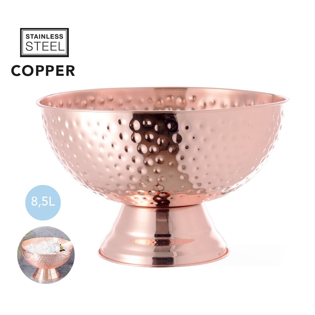 A copper bowl with a hammered texture, made of stainless steel, featuring a wide rim and a pedestal base. Larch - Image 1