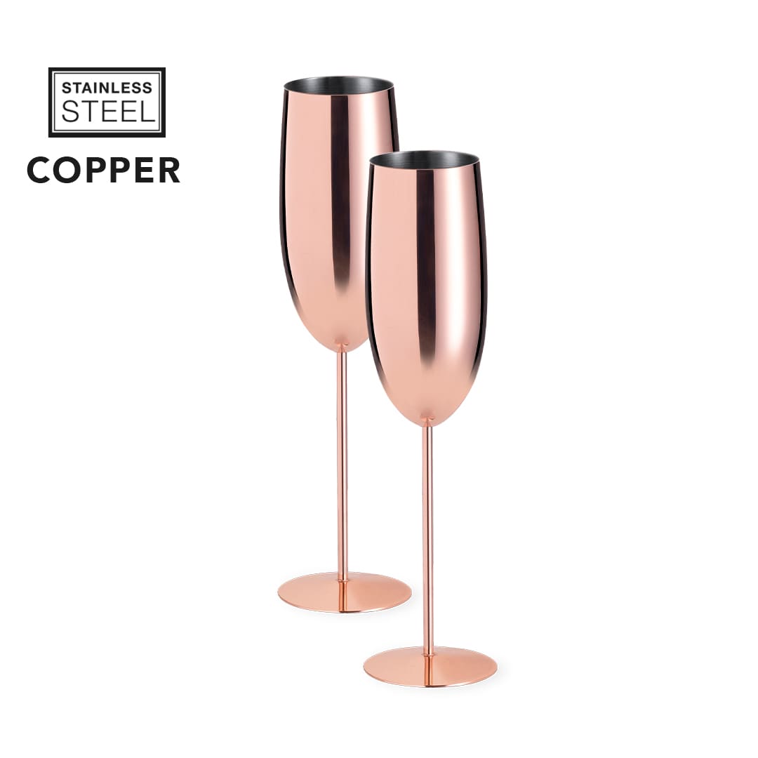 A pair of copper-coloured stainless steel flute glasses with slender stems and circular bases. Gagax Flute Glass Set - Image 1