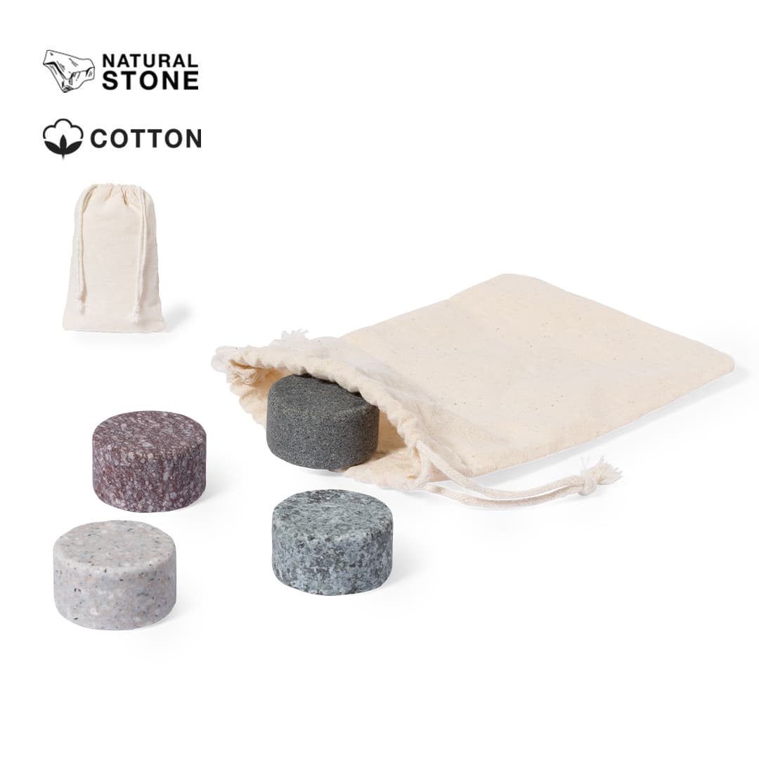 A pouch containing four natural stone coasters in shades of grey, purple, and pink, made from cotton. Glamer - Image 1