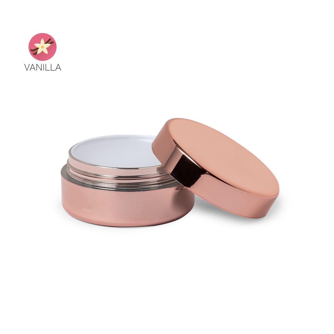 A rose gold container with a smooth white interior and a lid, featuring a floral branding element. Bortum - Image 1