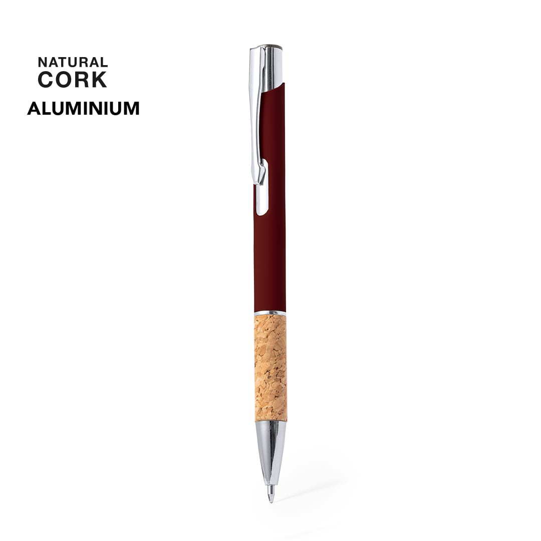 A pen featuring a burgundy barrel, a cork grip, and a chrome clip. It has a logo on the barrel. Logard - Image 1